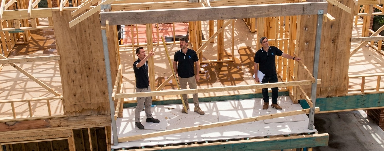 Engineera reviewing building plans on site