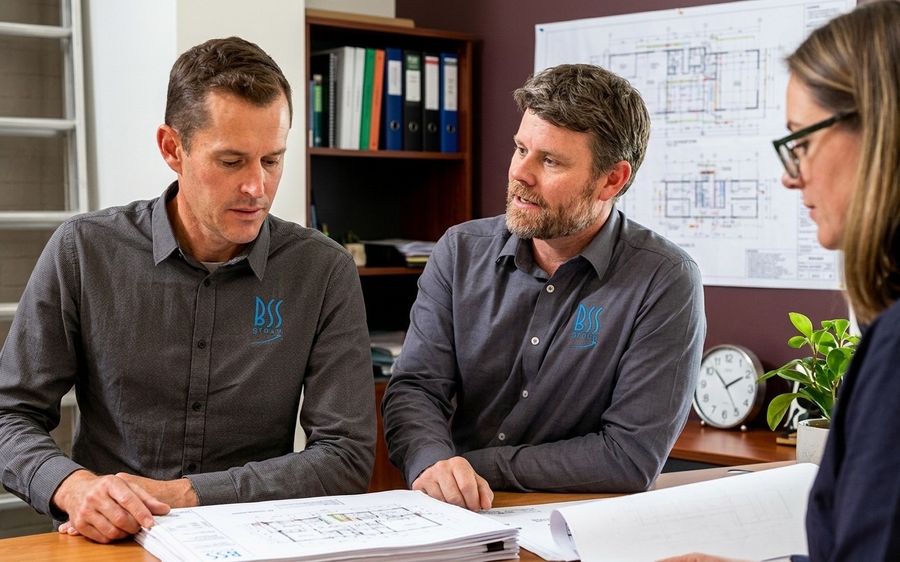 Construction specialist reviewing architectural plans on a tablet